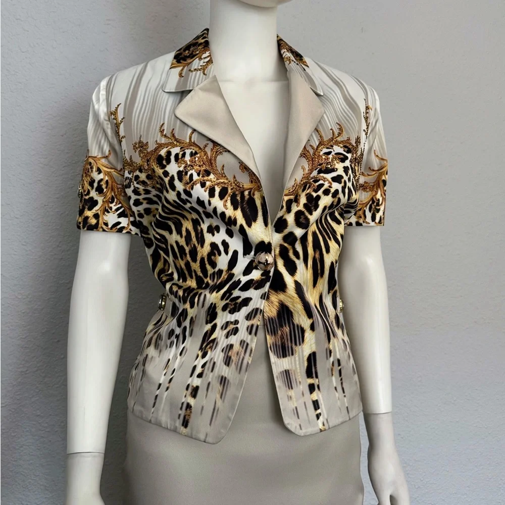 POLEN POE‎ SATIN SKIRT SUIT SET JACKET/SKIRT ANIMAL PRINT SHORT SLEEVES FORMAL